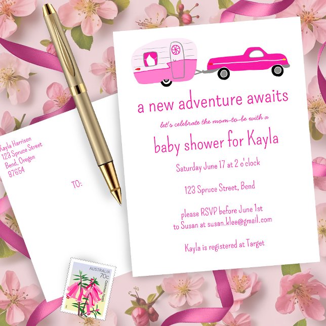Postal De Invitación Adventure Awath Cute Truck & Trailer BABY SHOWER (Adventure Awaits Cute Pink Truck & Camp Trailer Custom BABY SHOWER Invitation Postcard Designer Card)