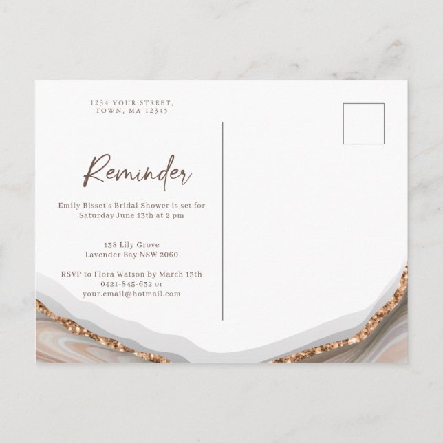 Postal De Invitación Agate Stone Marble Bridal Shower recordatorio RSVP (Reverso)