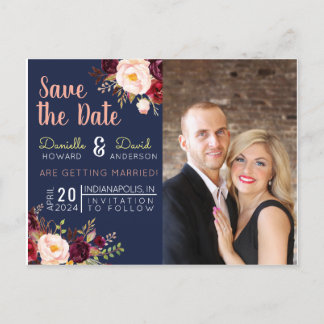 Postal De Invitación Ahorro de Fecha Floral Azul Marino y Merlot