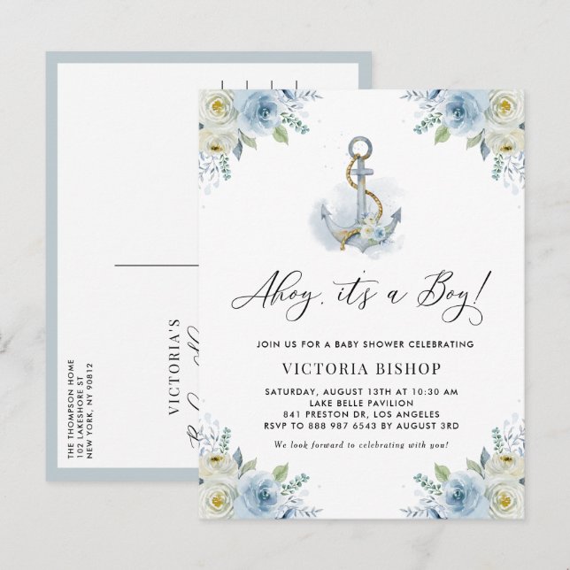 Postal De Invitación Ahoy It's a Boy Anchor Floral Nautical Baby Shower (Anverso / Reverso)