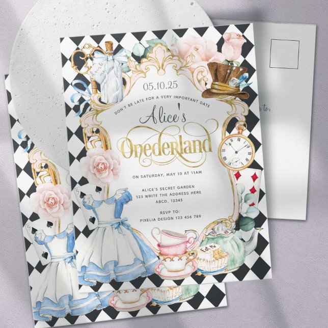 Postal De Invitación Alice Onederland té fiesta chica primer cumpleaños (Subido por el creador)