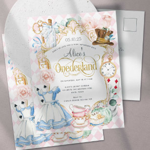 Postal De Invitación Alice Onederland tea fiesta chica 1er cumpleaños I