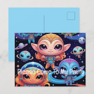 Postal De Invitación Alien espacial y amigos
