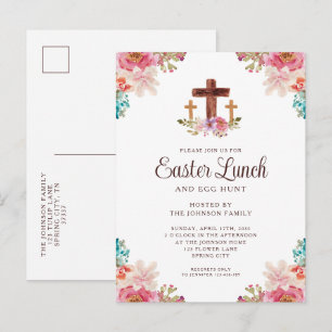 Postal De Invitación Almuerzo de Pascua con Cruz Floral Elegante