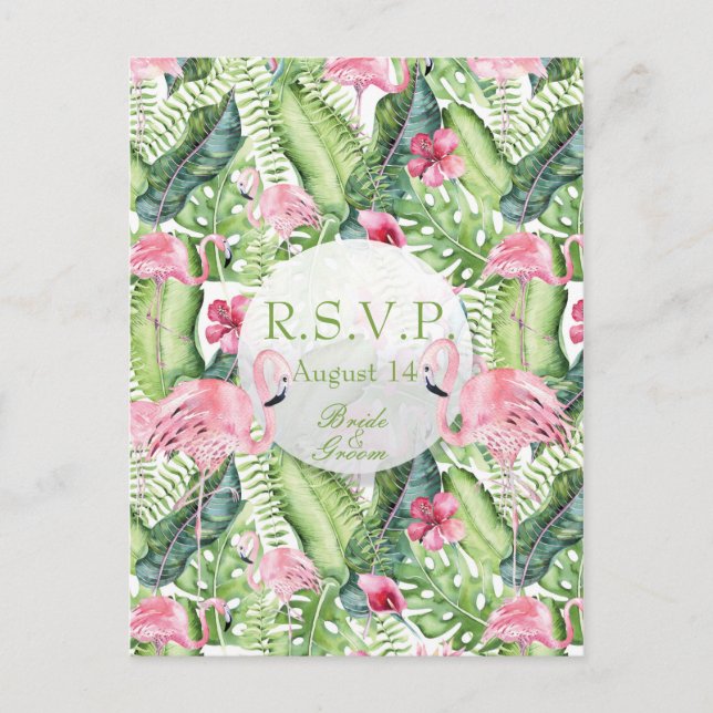 Postal De Invitación Aloha Flamingo Tropical Beach Wedding RSVP (Anverso)