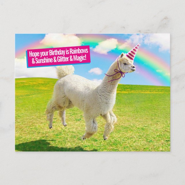 Postal De Invitación Alpaca Unicornio Bajo Cielo Arcoiris (Anverso)