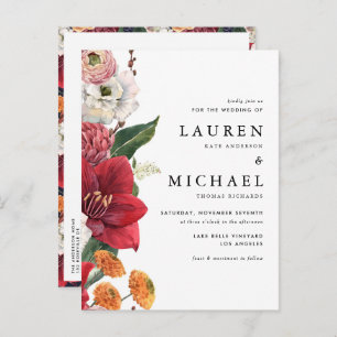 Postal De Invitación Amarilis roja acuarela y Boda floral otoño