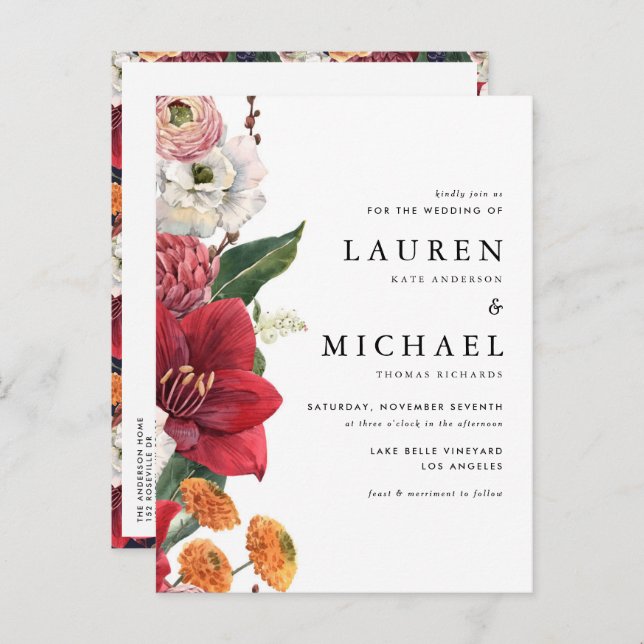 Postal De Invitación Amarilis roja acuarela y Boda floral otoño (Anverso / Reverso)