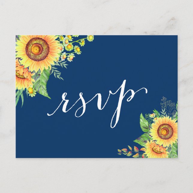 Postal De Invitación Amarilla Marina Azul girasol Boda Rústica RSVP (Anverso)