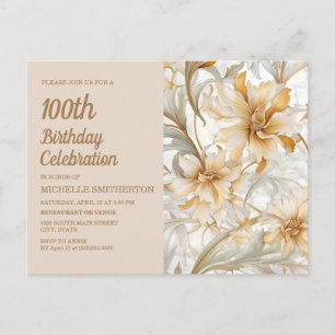 Postal De Invitación Amarillo Champán Floral Cumpleaños 100 de Mujer
