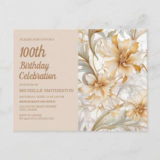 Postal De Invitación Amarillo Champán Floral Cumpleaños 100 de Mujer (Anverso)