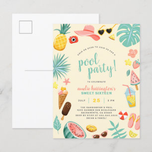 Postal De Invitación Amarillo   Fiesta de piscina tropical de sandía pi