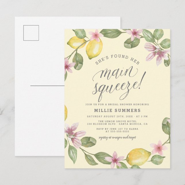 Postal De Invitación Amarillo | Lemon Wreath Main Squeeze Brieze Shower (Anverso / Reverso)