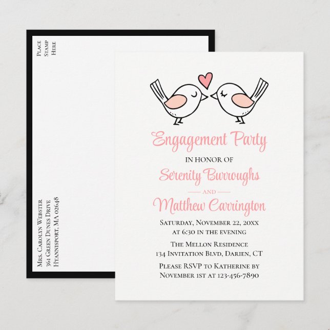 Postal De Invitación Amas amorosas Pink Black Lovebirds Engagement Part (Anverso / Reverso)