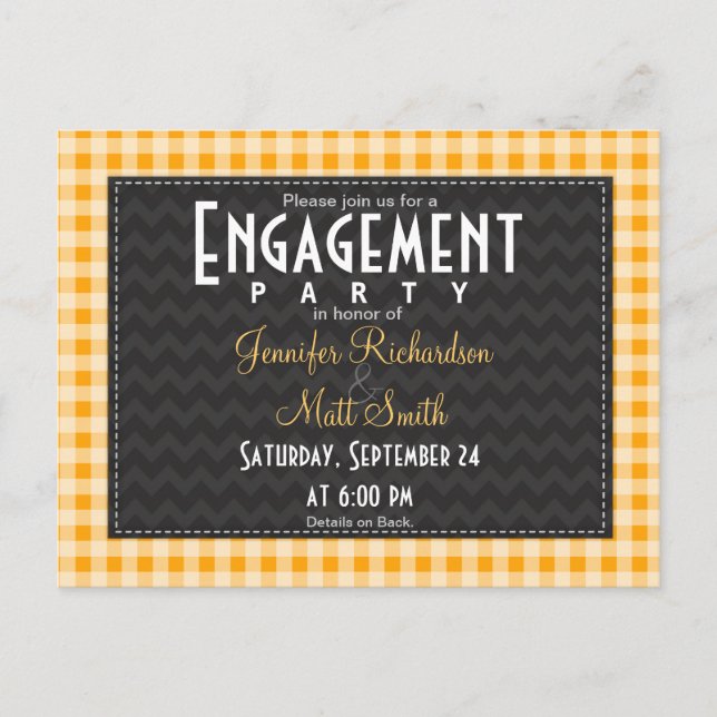 Postal De Invitación Amber Naranja Gingham Engagement Party (Anverso)