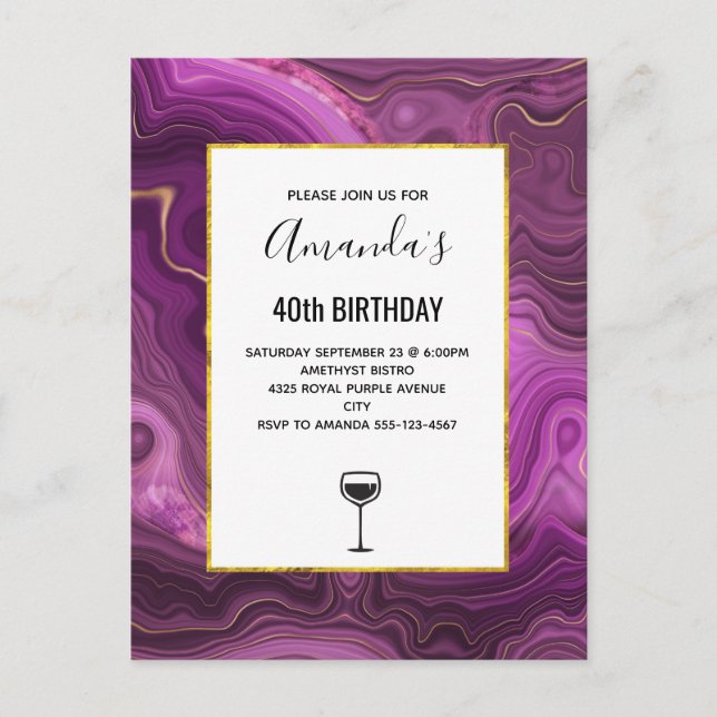 Postal De Invitación Ametismo Púrpura Y Agante Abstracto De Oro (Anverso)