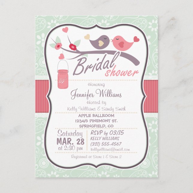 Postal De Invitación Amo Aves Ducha de Novias; Paisley Verde Sage (Anverso)