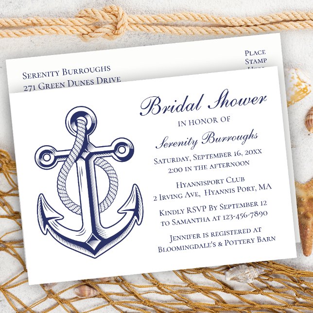 Postal De Invitación Anchor Sailor Nave Blue Nautical Bridal Shower (Subido por el creador)