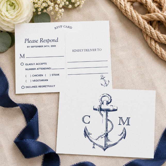 Postal De Invitación Ancla de boceto náutico blanco elección de comida  (Tie the knot with this navy nautical sketch anchor wedding rsvp. background and font. )