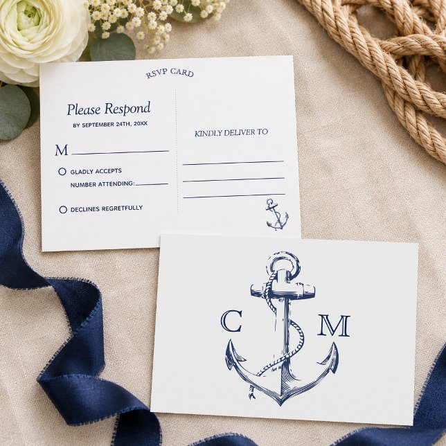 Postal De Invitación Ancla de boceto náutico RSVP blanco (Tie the knot with this navy nautical sketch anchor wedding rsvp. )