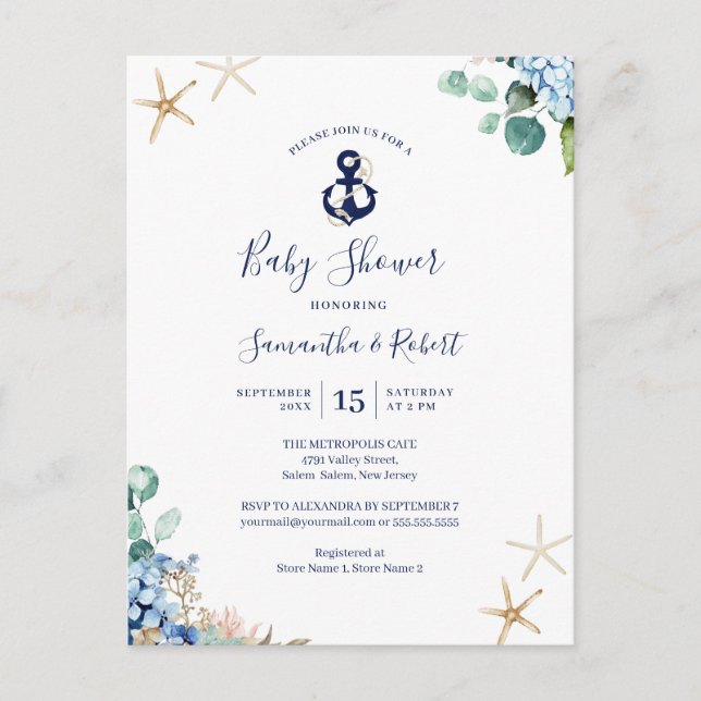 Postal De Invitación Ancla de presupuesto Baby Shower floral nautical a (Anverso)