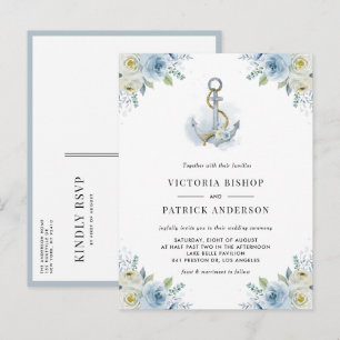 Postal De Invitación Ancla Floral Acuarela Azul Nupcial Náutico