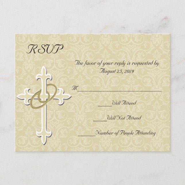 Postal De Invitación Anillos dorados con cruz, respuesta cristiana RSVP (Anverso)