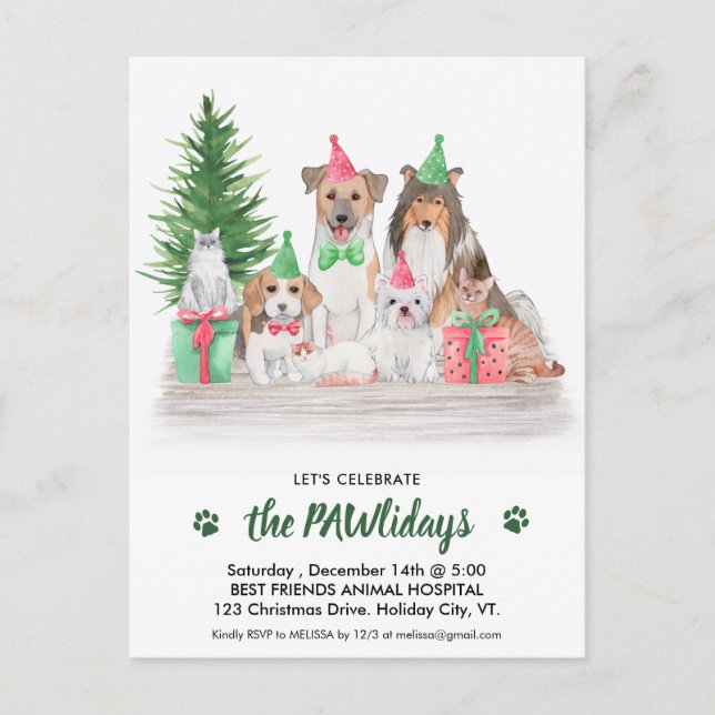 Postal De Invitación Animales Adorables Mascotas Navidades de gato de p (Anverso)