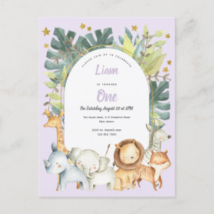 Postal De Invitación animales de la jungla, chica púrpura primer cumple
