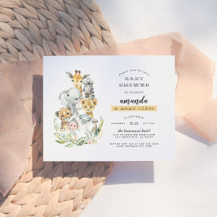 Postal De Invitación Animales de la selva en acuarela Baby Shower naran