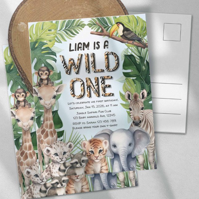 Postal De Invitación Animales de Safari azul temática Salvaje un primer (Boy 1st birthday invitation, Wild one Safari jungle animal postcard invitation.)