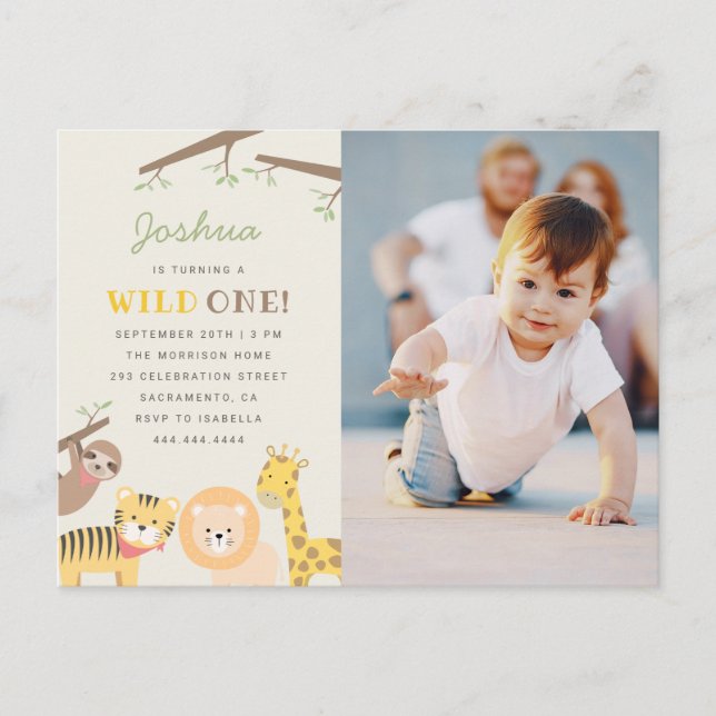 Postal De Invitación Animales dulces de Safari salvajes foto primer cum (Anverso)