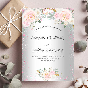 Postal De Invitación Aniversario de bodas de plata rosa floral 25