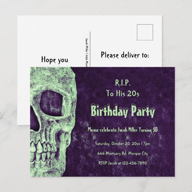Postal De Invitación Aniversario de la muerte de Morado Verde del Cráne (Anverso / Reverso)