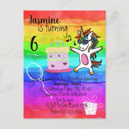 Postal De Invitación Aniversario del arcoiris de la cuta unicornio