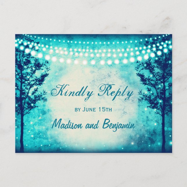 Postal De Invitación Aqua Trees String Lights Wedding RSVP POSTCARDS (Anverso)
