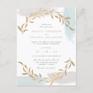 Postal De Invitación Aquarelle azul y beige cepillado Boda botánico