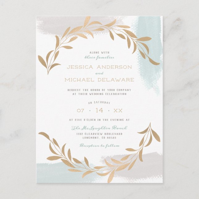 Postal De Invitación Aquarelle azul y beige cepillado Boda botánico (Anverso)