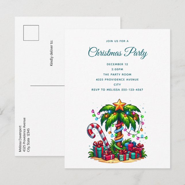 Postal De Invitación Árbol de palmas de Navidades tropicales (Anverso / Reverso)