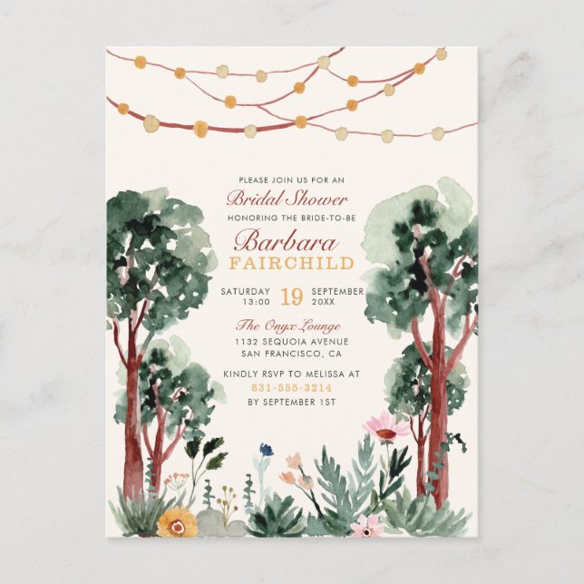 Postal De Invitación Árboles botánicos verdes dulces Ducha de novias Wo (Anverso)