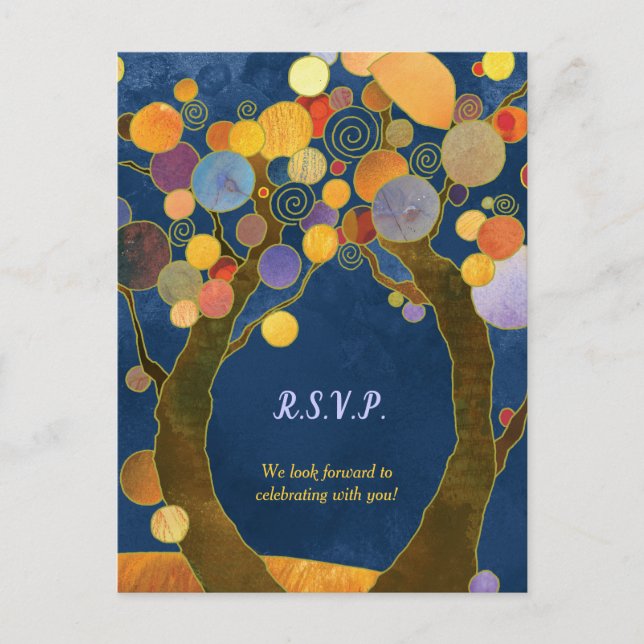 Postal De Invitación Árboles de amor Boda azul real RSVP (Anverso)
