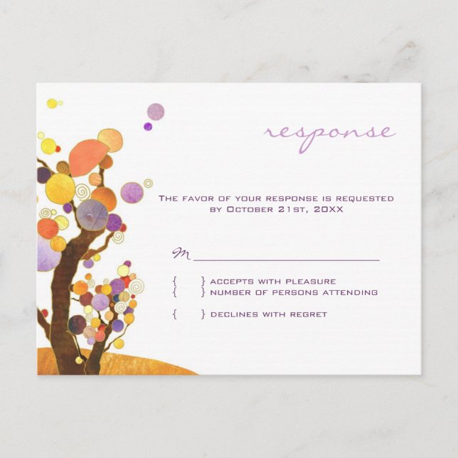 Postal De Invitación Árboles de amor de otoño Boda púrpura RSVP (Anverso)