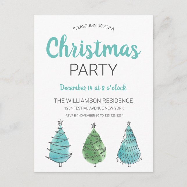 Postal De Invitación Árboles de Navidad azul verde rústico (Anverso)