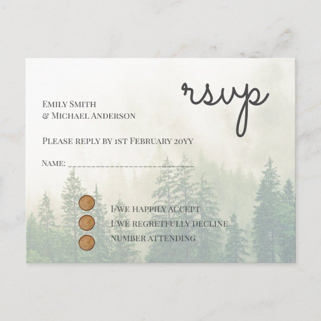 Postal De Invitación Árboles de pino forestal Boda RSVP Retorno Postaca (Anverso)