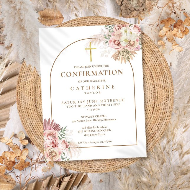 Postal De Invitación Arco Dorado Floral de Hierba de Pampas Rosa Confir (Pink Pampas Grass Floral Gold Arch Confirmation Invitation Postcard)