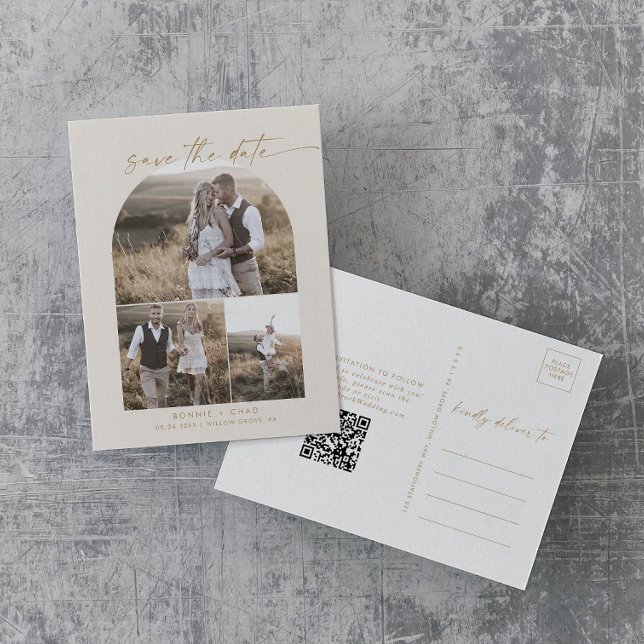 Postal De Invitación Arco moderno | Cream QR Collage de fotos Guardar f (Subido por el creador)
