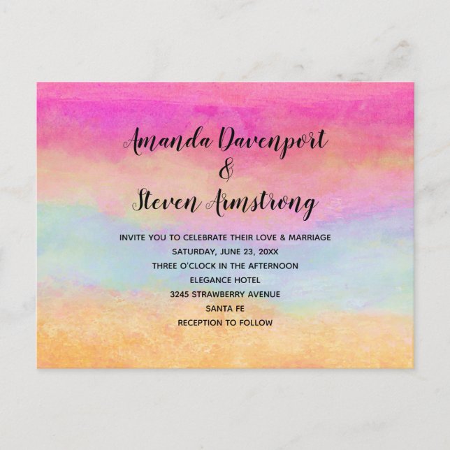 Postal De Invitación Arcoiris amarillo rosado Abstract Strips Boda (Anverso)