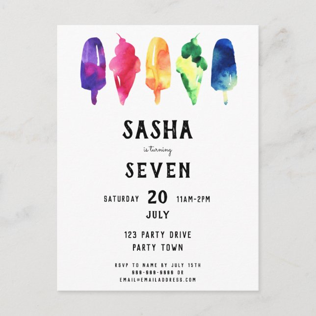 Postal De Invitación Arcoiris Popsicles Crema de hielo Cumpleaños (Anverso)
