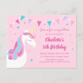 Postal De Invitación Arcoiris singulares Unicornio rosa 5 cumpleaños