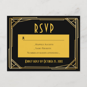 Postal De Invitación Art Deco Oro Negro RSVP Gran Gatsby Boda